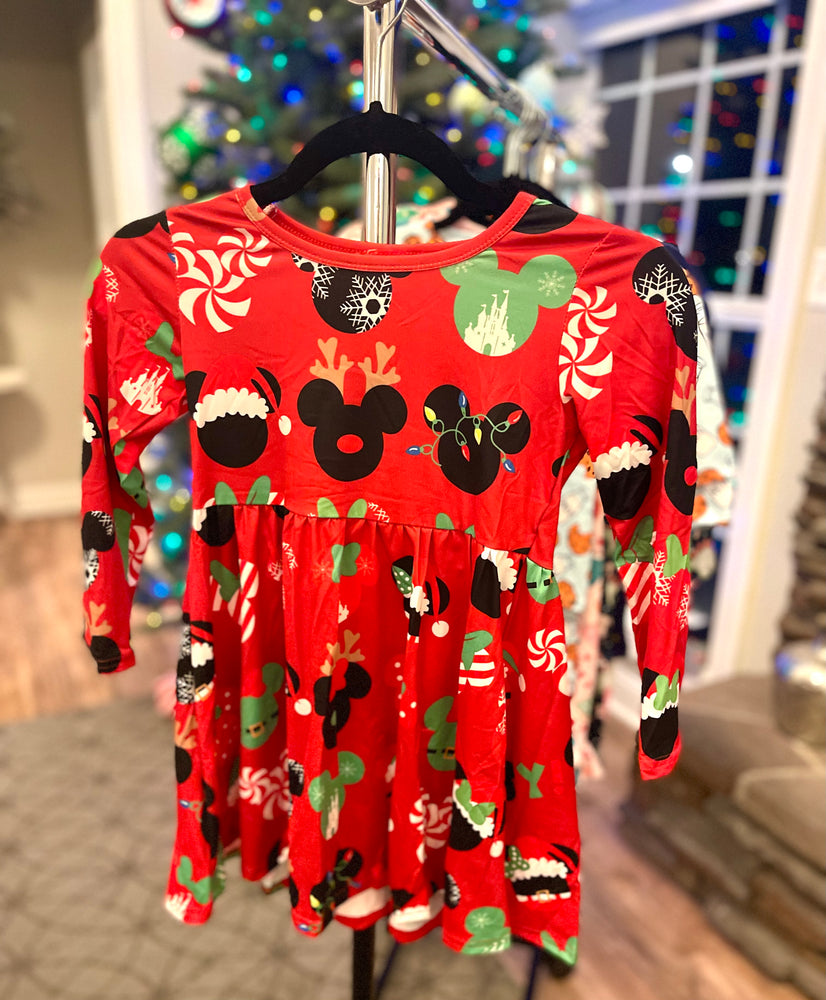 Girls Holiday Mouse Ears Twirl Dress – Christmas Print