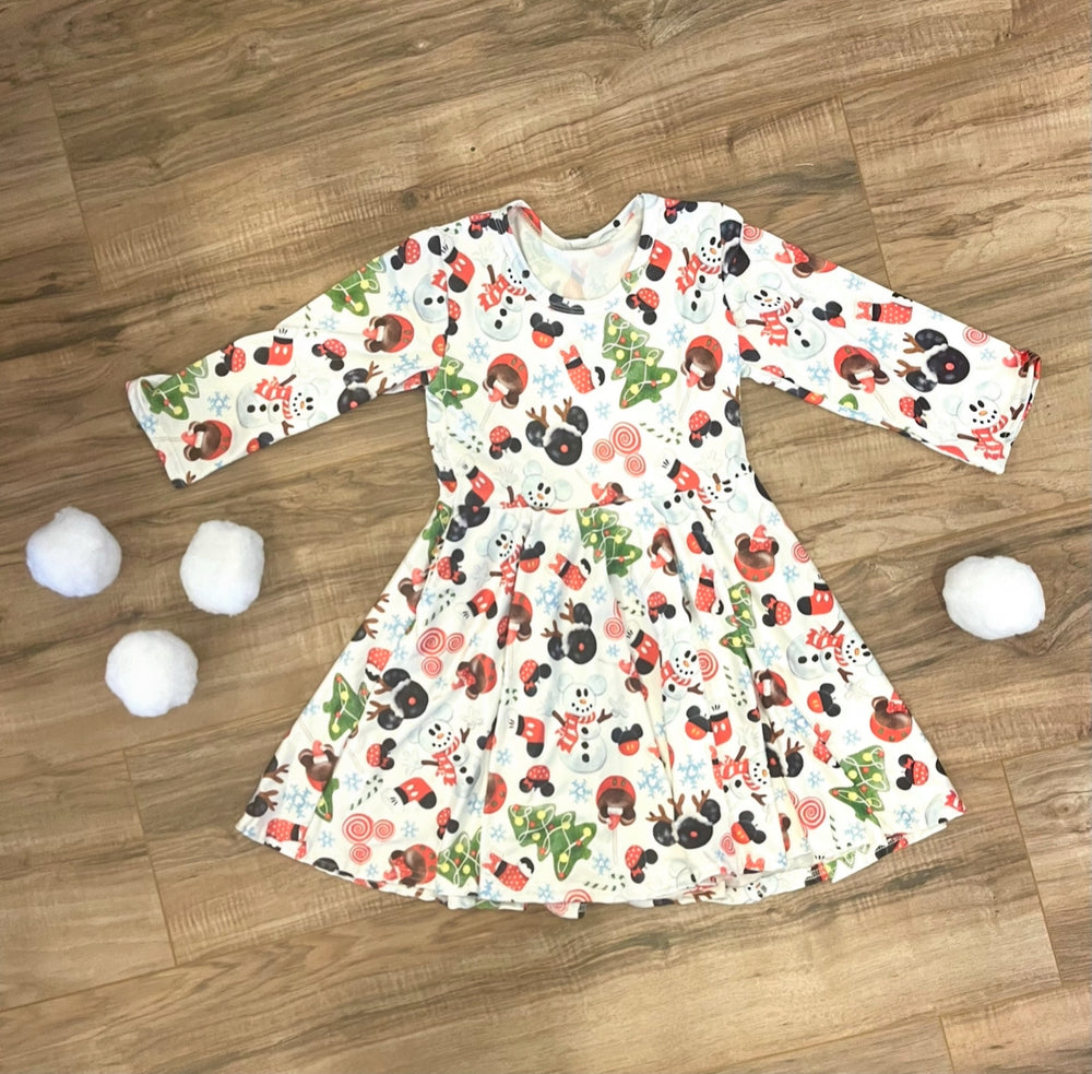 Girls Holiday Wonderland Twirl Dress – Snowmen, Trees & Mouse Ears