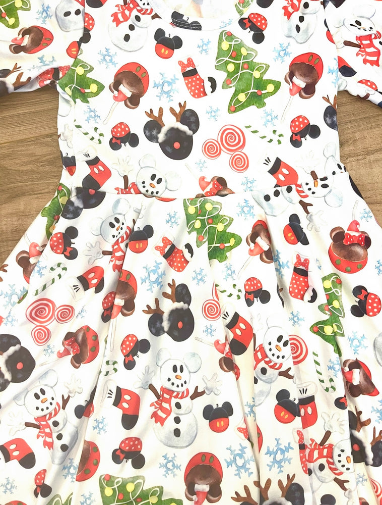 Girls Holiday Wonderland Twirl Dress – Snowmen, Trees & Mouse Ears