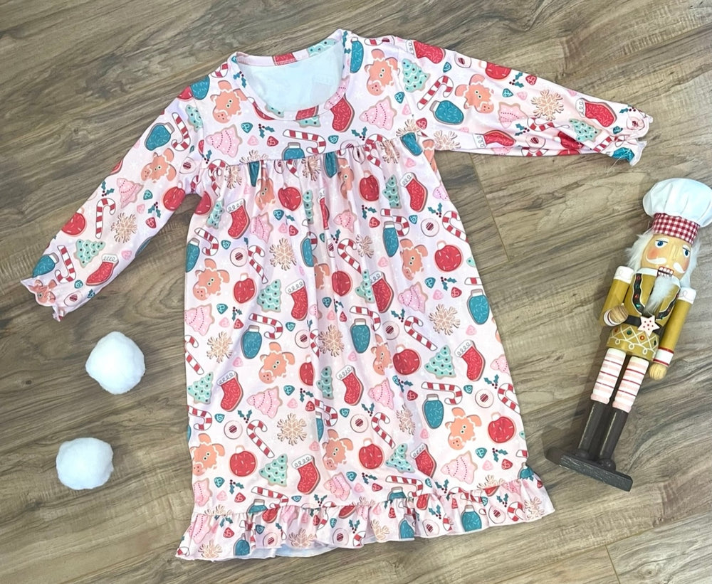 Girls Holiday Cookie Sleep Dress – Gingerbread & Candy Cane Print