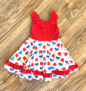 
            
                Load image into Gallery viewer, Firecracker “Bomb Pop” Popsicle- Girls tank ruffled and flutter Patriotic- 4th of July dress
            
        