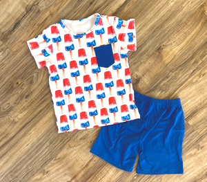 
            
                Load image into Gallery viewer, Firecracker “Bomb Pop” Popsicle T-shirt and Shorts Boys- Patriotic 4th of July
            
        