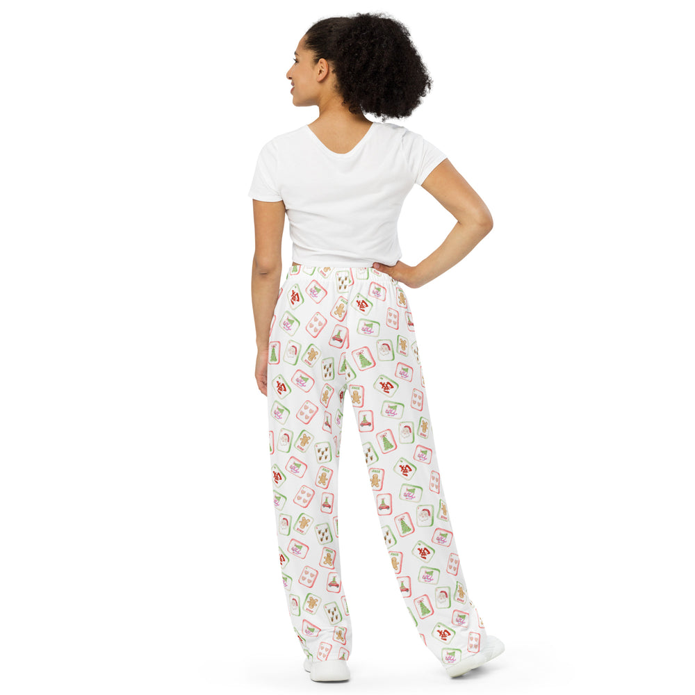 Festive Mahjong Tile Lounge Pants – Santa, Trees & Gingerbread Print