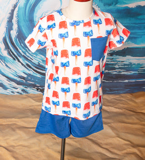 
            
                Load image into Gallery viewer, Firecracker “Bomb Pop” Popsicle T-shirt and Shorts Boys- Patriotic 4th of July
            
        