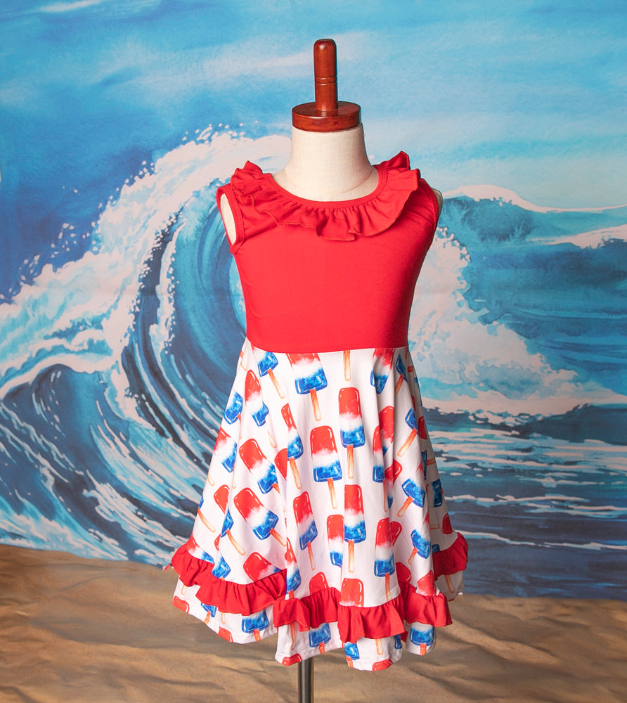
            
                Load image into Gallery viewer, Firecracker “Bomb Pop” Popsicle- Girls tank ruffled and flutter Patriotic- 4th of July dress
            
        