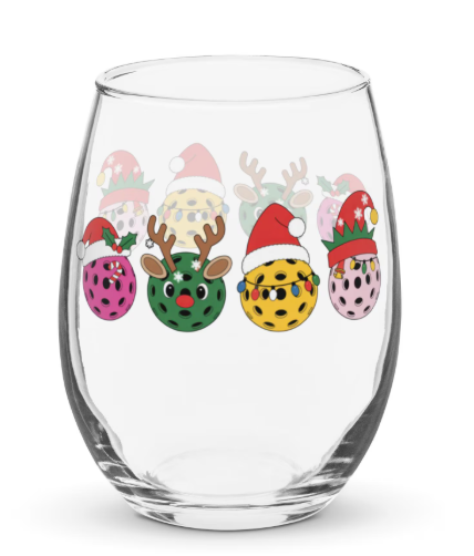 Holiday Pickleball Cheer Wine Glass -  Stemless wine glass