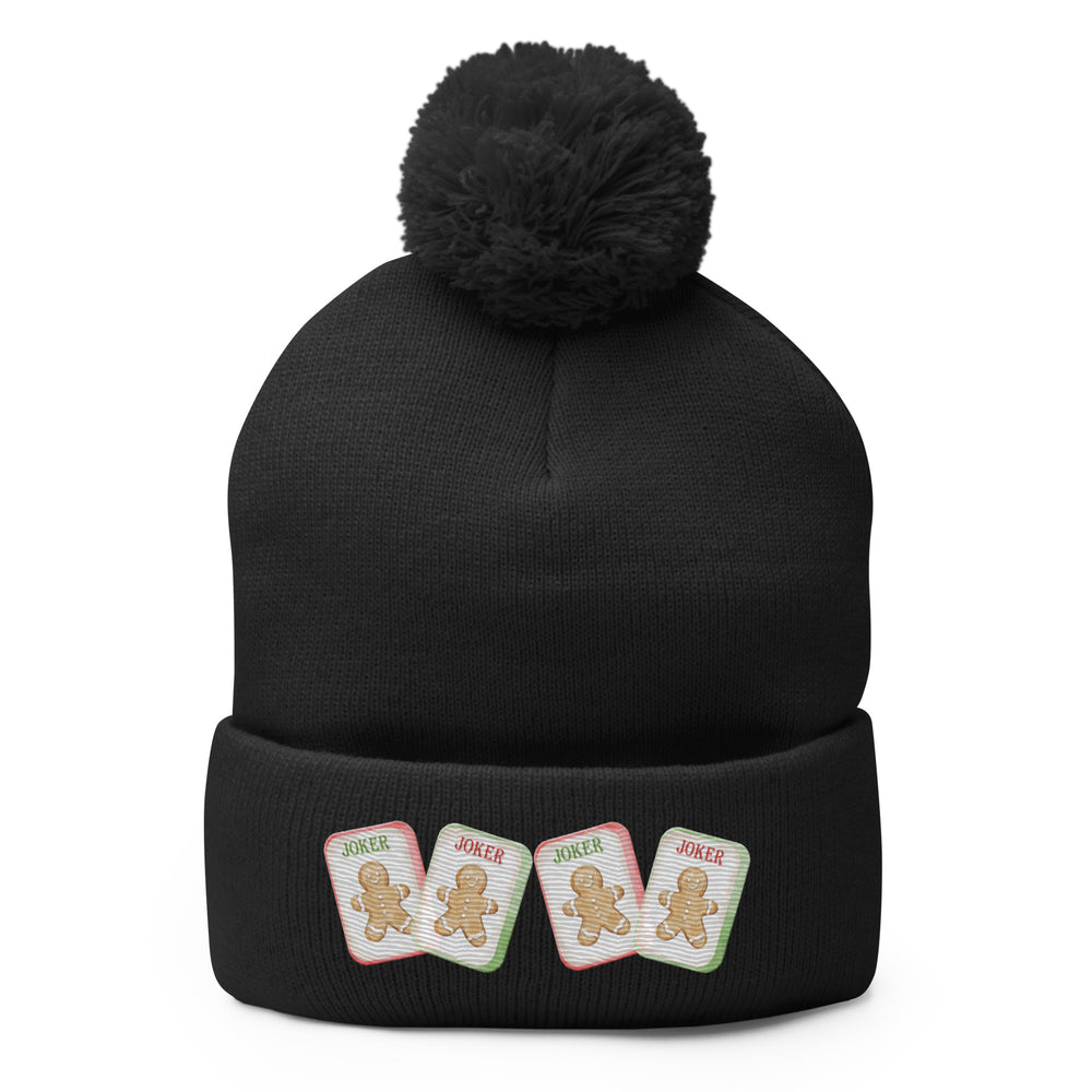 Festive Mahjong “Need a Joker” EMBROIDERED Pom Beanie – Gingerbread Tile Print - Pom-Pom Beanie