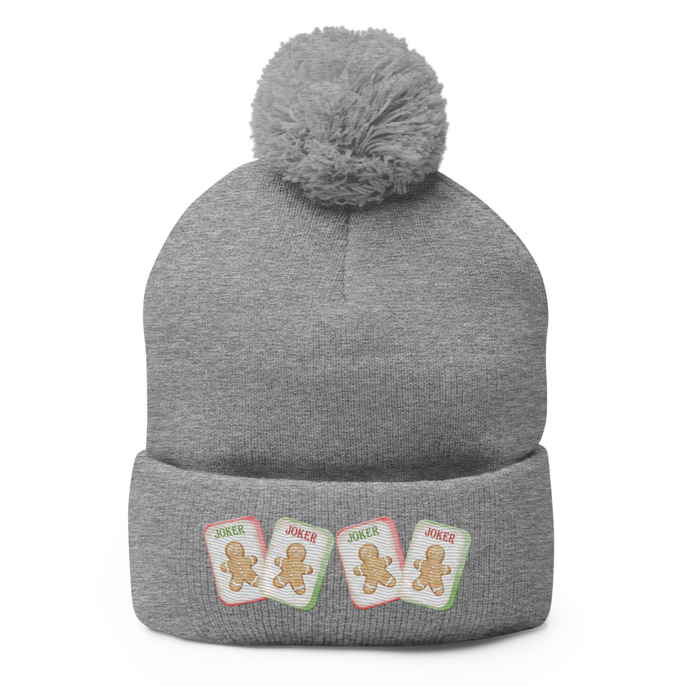 Festive Mahjong “Need a Joker” EMBROIDERED Pom Beanie – Gingerbread Tile Print - Pom-Pom Beanie