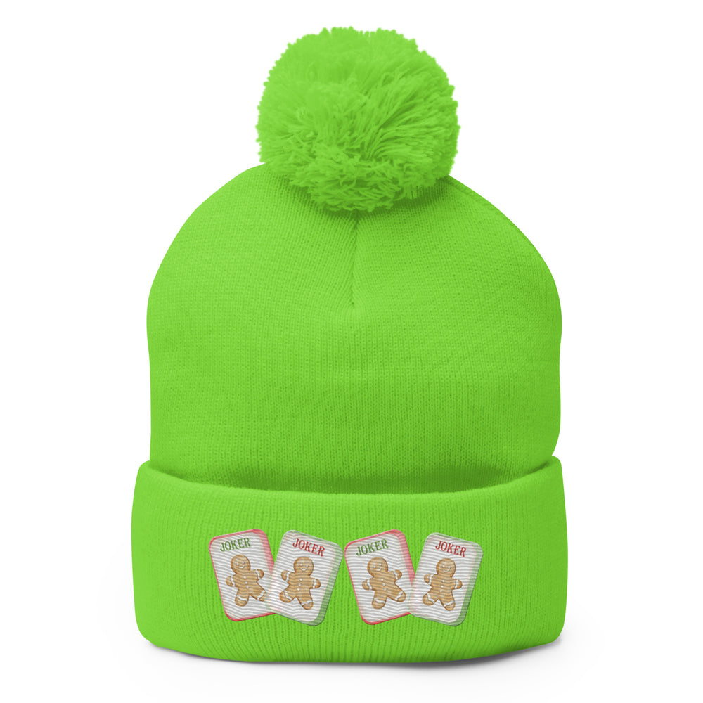Festive Mahjong “Need a Joker” EMBROIDERED Pom Beanie – Gingerbread Tile Print - Pom-Pom Beanie