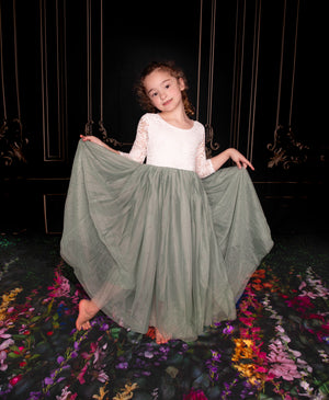 Sage Green - Boho Flower Girl Lace Dress - Long Tulle Skirt