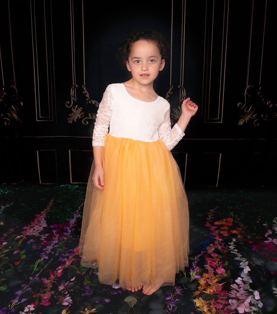 Canary Yellow Tulle Boho Flower girl Lace Dress - Long Tulle Skirt