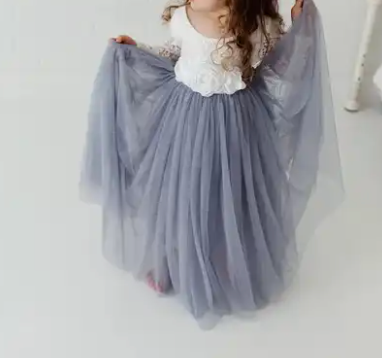 Dusty Blue Tulle Boho Flower Girl Lace Dress - Long Tulle Skirt