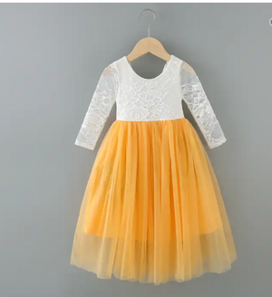 Canary Yellow Tulle Boho Flower girl Lace Dress - Long Tulle Skirt