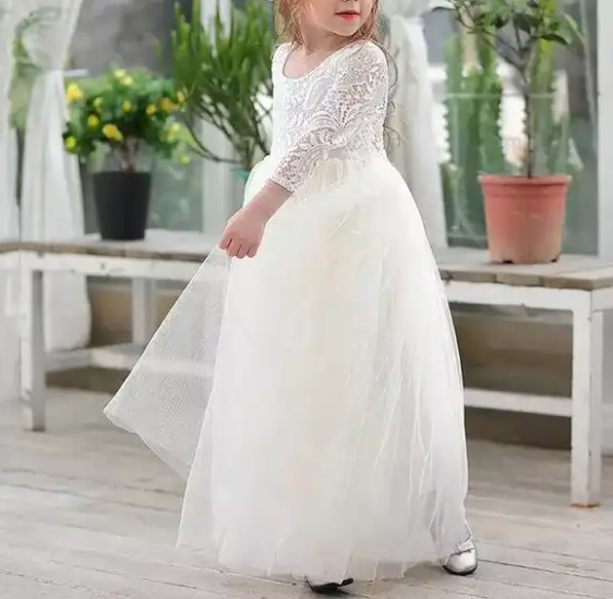 
            
                Load image into Gallery viewer, Whitest White Tulle Boho Flower Girl Lace Dress - Long Tulle Skirt
            
        