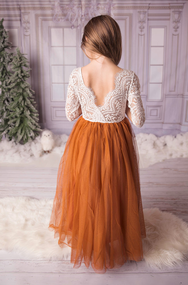 Burnt Orange Tulle Boho Flower Girl Lace Dress - Long Tulle Skirt Faux Posh Boutique Burnt Orange Tulle Boho Flower Girl Lace Dress - Long Tulle Skirt Faux Posh Boutique