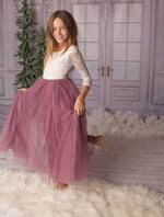 Mauve Tulle Boho Flower Girl Lace Dress - Long Tulle Skirt