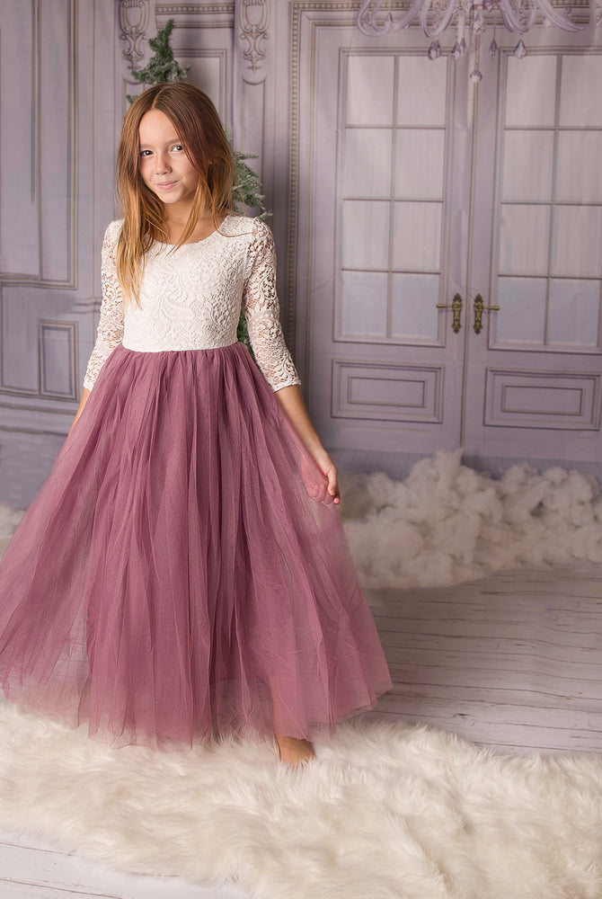 
            
                Load image into Gallery viewer, Mauve Tulle Boho Flower Girl Lace Dress - Long Tulle Skirt
            
        