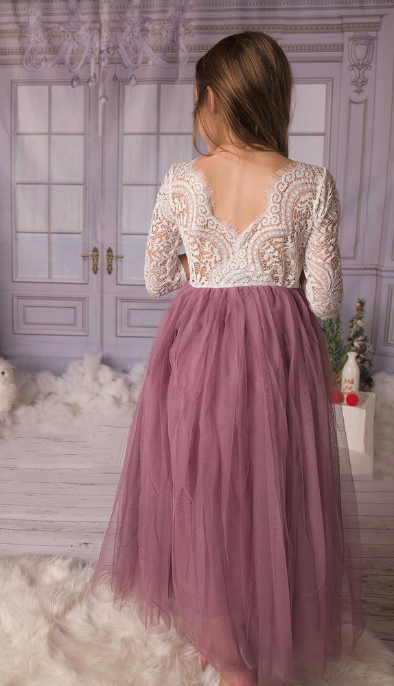 
            
                Load image into Gallery viewer, Mauve Tulle Boho Flower Girl Lace Dress - Long Tulle Skirt
            
        