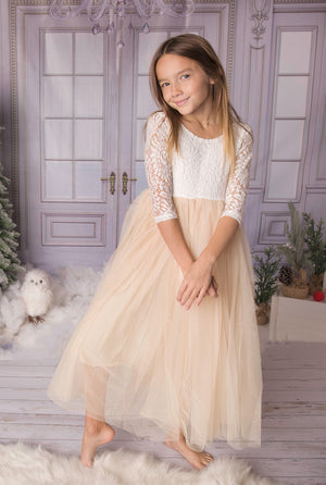 
            
                Load image into Gallery viewer, Champagne Celebration Tulle Boho Flower Girl Lace Dress - Long Tulle Skirt
            
        