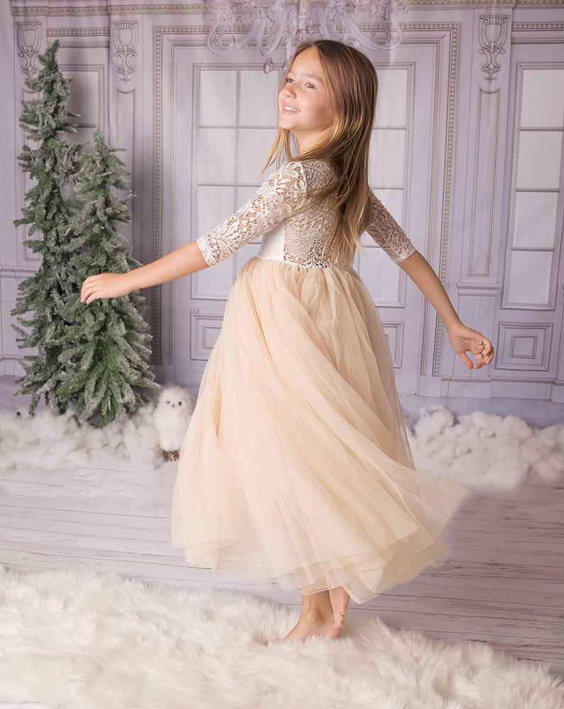 Champagne Celebration Tulle Boho Flower Girl Lace Dress - Long Tulle S Faux Posh Boutique Champagne Celebration Tulle Boho Flower Girl Lace Dress - Long Tulle S Faux Posh Boutique