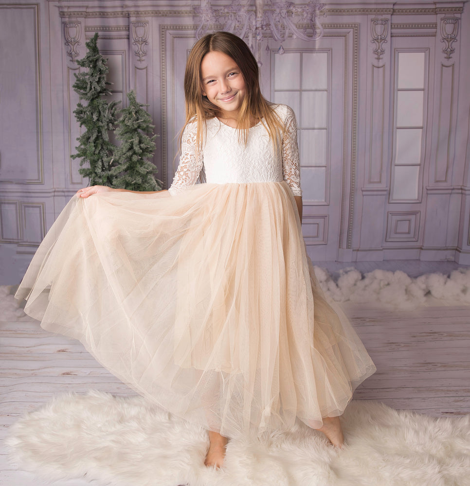 
            
                Load image into Gallery viewer, Champagne Celebration Tulle Boho Flower Girl Lace Dress - Long Tulle Skirt
            
        
