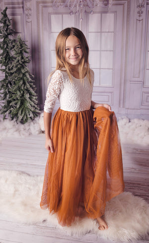 Burnt Orange Tulle Boho Flower Girl Lace Dress