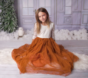 Burnt Orange Tulle Boho Flower Girl Lace Dress - Long Tulle Skirt