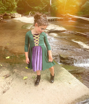 
            
                Load image into Gallery viewer, Winnie Witch Inspired long sleeve  girls dress
            
        