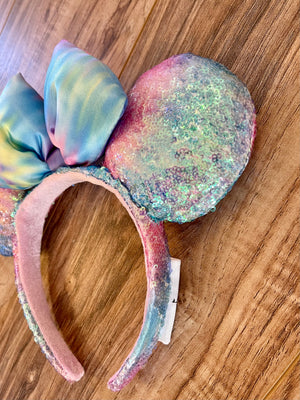 
            
                Load image into Gallery viewer, Tie-Dye Bow with Ombré Sequin Ears
            
        