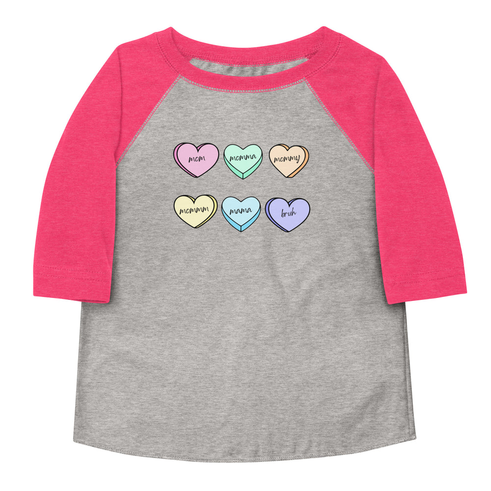 
            
                Load image into Gallery viewer, Kids Raglan Tee - Mom, Mommy, BRUH Valentines Shirt
            
        