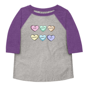 
            
                Load image into Gallery viewer, Kids Raglan Tee - Mom, Mommy, BRUH Valentines Shirt
            
        